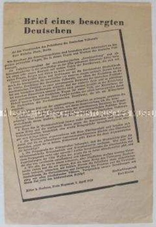 Propagandaschrift des Deutschen Volksrates mit dem Text eines Briefes eines Bürgers der Sowjetischen Besatzungszone und der Antwort von Wilhelm Pieck zur Frage der Zukunft Deutschlands