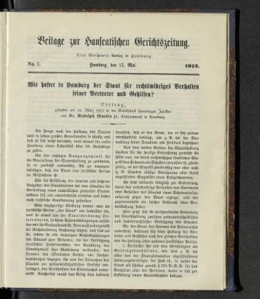 No. 1. Beilage zur Hanseatischen Gerichtszeitung.