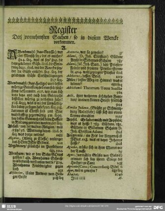 Register Der vornehmsten Sachen, so in diesem Wercke vorkommen