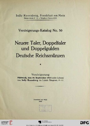 Neuere Taler, Doppeltaler und Doppelgulden, deutsche Reichsmünzen : Versteigerung: 10. September 1924 (Katalog Nr. 56)