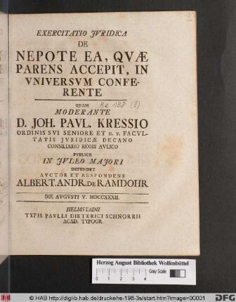 Exercitatio Jvridica De Nepote Ea, Qvæ Parens Accepit, In Vniversvm Conferente
