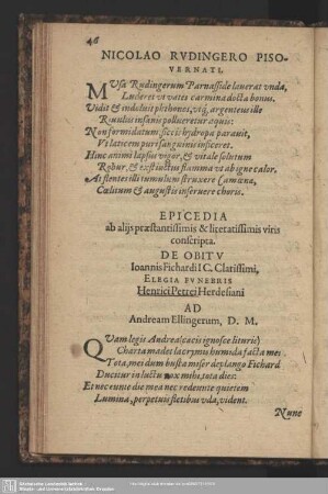 Epicedia ab alijs praestantissimis & literatissimis viris conscripta. De Obitu ... Elegia Funebris