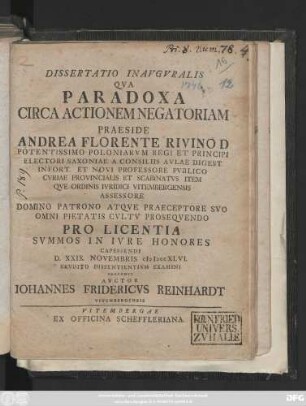 Dissertatio Inavgvralis Qva Paradoxa Circa Actionem Negatoriam