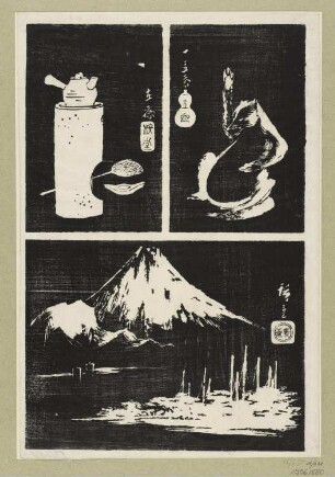 Teegeschirr, Fuchs und Ansicht des Fuji, aus: "Spiegel der Steinabdrücke von Ansichten der Provinzen"