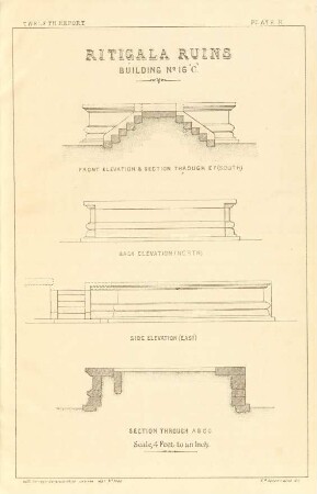 Plate H. Ritigala ruins. Building No. 16 "C" . Front elevation & section through E. F. (south). Back elevation (north). Side elevation (east).