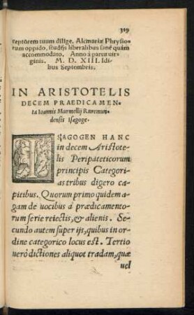 In Aristotelis Decem Praedicamenta Ioannis Murmellii Ruremundensis Isagoge.