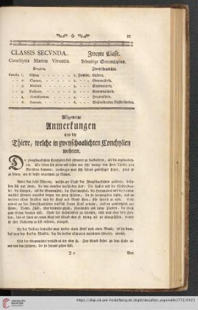 Zweyte Classe: Lebendige Seeconchylien. Zweyschaalichte
