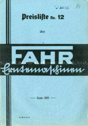 Preisliste No. 12 über Erntemaschinen