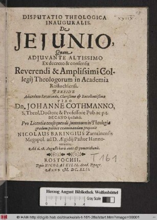 Disputatio Theologica Inauguralis De Ieiunio