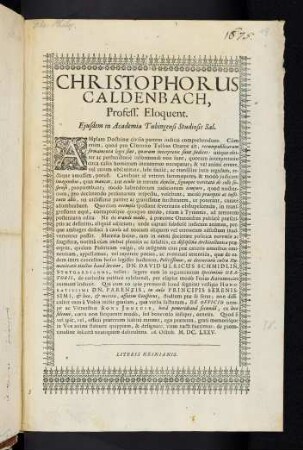 Christophorus Caldenbach, Profess. Eloquent. Ejusdem in Academia Tubingensi Studiosis Sal.