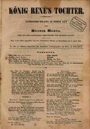König René's Tochter : lyrisches Drama in einem Act : zum ersten Male aufgeführt auf dem Königlichen Theater zu Kopenhagen am 5. April 1845