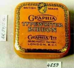 Blechdose für Schreibmaschinenfarbband "BRITISH MADE GRAPHIA TYPENWRITER RIBBON GRAPHIA LTD. LONDON, E.C.1."