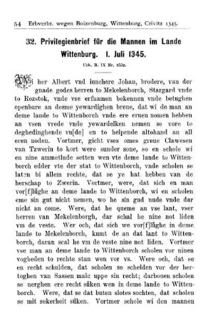 32. Privilegienbrief für die Mannen im Lande Wittenburg. 1. Juli 1345.