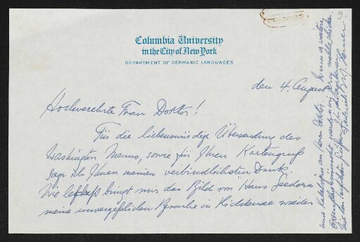 Brief von Frederick W. J. Heuser von Columbia University / Department of Germanic Languages <New York, NY> an Margarete Hauptmann