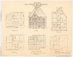 Pfarrhaus zu St. Barbara, Dortmund-Dorstfeld: Grundrisse von Keller, Erd-, Ober- und Dachgeschoss, Vorderansicht und Querschnitt 1:100