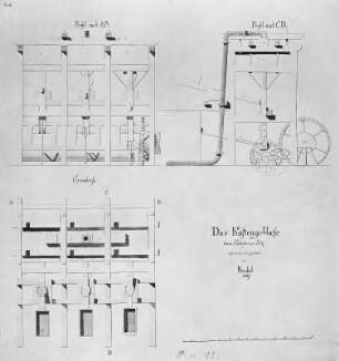 Peitz, Hüttenwerk: Das Kastengebläse beim Hochofen (mit Wasserantrieb) : Peitz, Hüttenwerk, Kastengebläse