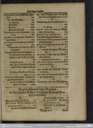 Das sechste und letzte Register der fürnehmsten Sachen, so in diesem Paßions-Predigten enthalten sind