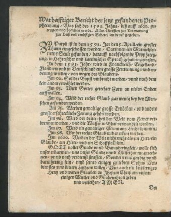 Warhafftiger Bericht der jetzt gefundenen Propheceyung ...