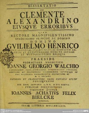 Dissertatio De Clemente Alexandrino Eivsqve Erroribvs ...