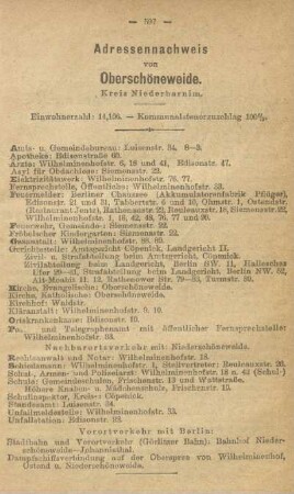 Adressennachweis von Oberschöneweide. Kreis Niederbarnim