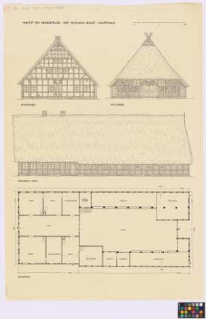 Neuengamme (Hamburg-Harburg): Hof Ernst Harden, Neuengamme Nummer 218. - Haupthaus (Wohn-Giebel-Ansicht, Stall-Giebel-Ansicht, Nord-West-Seiten-Ansicht, Grundriss)