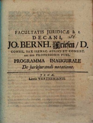 Jo. Bernh. Friesen ... Programma inaugurale de jurisjurandi notatione