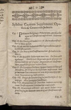 Syllabus Capitum Supplementi Opusculi Ceremoniis Judaicis.