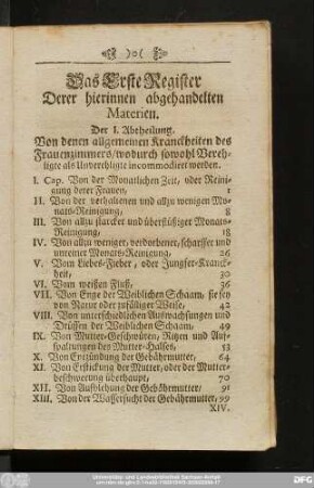 Das Erste Register Derer hierinnen abgehandelten Materien.