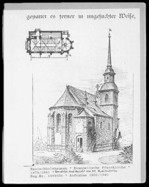 Rauischholzhausen, Evangelische Pfarrkirche, Grundriss und Ansicht von Nordosten
