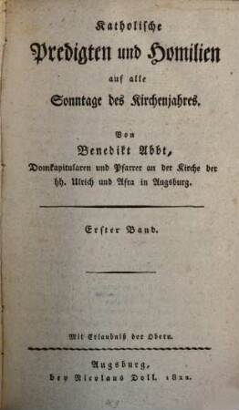 Katholische Predigten und Homilien auf alle Sonntage des Kirchenjahres, 1