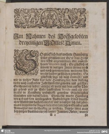 Im Nahmen des Hochgelobten dreyeinigen Gottes! Amen