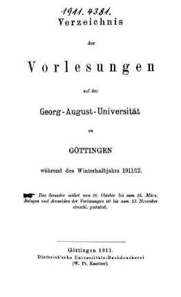 WS 1911/12: Verzeichnis der Vorlesungen