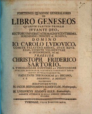 Positiones Qvaedam Generaliores De Libro Geneseos, Partem Primam
