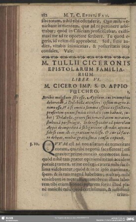 Liber VI. M. Cicero IMP. S. D. Appio Pulchro