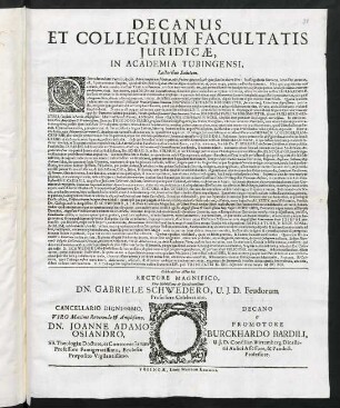 Decanus Et Collegium Facultatis Juridicae, In Academia Tubingensi, Lectoribus Salutem