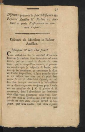 Discours prononces par Messieurs les Pasteurs Ancillon & Reclam en donnant la ...