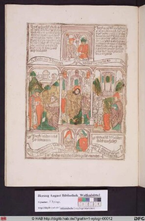 Drei biblische Szenen umgeben von vier Propheten. Links Darius erlaubt den Wiederaufbau des Tempels, mittig Christus vertreibt die Händler aus dem Tempel, rechts Judas Makkabäus reinigt den Tempel.