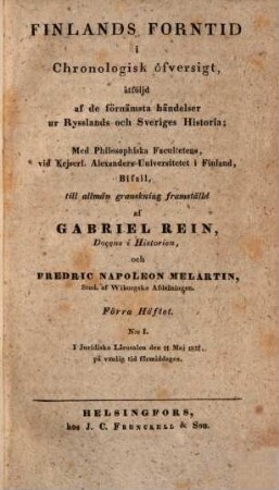 Finlands forntid i chronologisk öfversigt, åtföljd af de förnämsta händelser ur Rysslands och Sveriges historia, N. 1