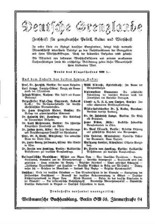 Deutsche Grenzlande. Zeitschrift für grenzdeutsche Politik, Kultur und Wirtschaft : [Nichtamtlicher Teil]