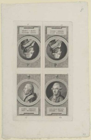 Bildnisse des Ioachim Christian v. Blumenthal, des Hans Ernst Dietrich v. Werder, des Friedrich Anton v. Heinitz und des Iohann Heinrich Casimir v. Carmer
