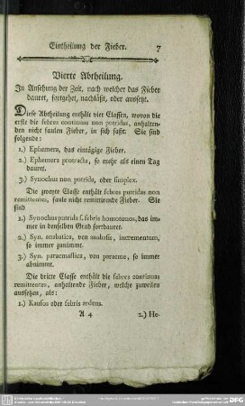 Vierte Abtheilung. In Ansehung der Zeit, in welcher das Fieber dauert, fortgehet, nachläßt, oder aussetzt