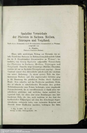 Spalatins Verzeichnis der Pfarreien in Sachsen, Meissen,Thüringen und Voigtland. : Nach einem Aktenstück des S. Ernestinischen Gesamtarchivs zu Weimar