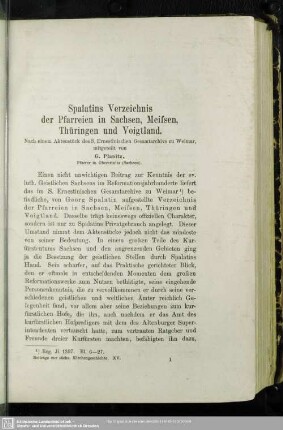 Spalatins Verzeichnis der Pfarreien in Sachsen, Meissen,Thüringen und Voigtland. : Nach einem Aktenstück des S. Ernestinischen Gesamtarchivs zu Weimar