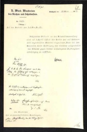 Mitteilung über Einweisung des Präparators Böck in den Beamtenstatus