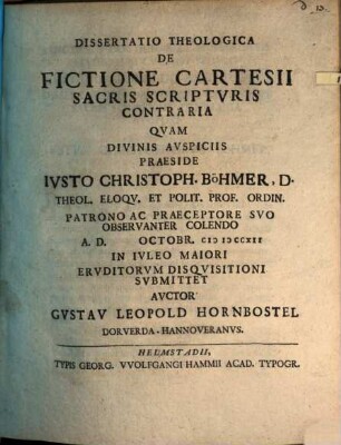 Diss. theol. de fictione Cartesii sacris scripturis contraria