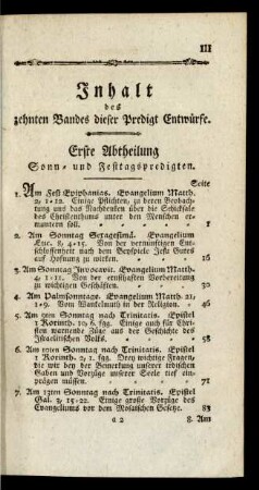 Inhalt des zehnten Bandes dieser Predigt Entwürfe.