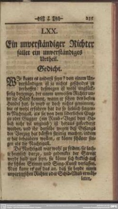 LXX. Ein unverständiger Richter fället ein unverständiges Urtheil. Gedicht