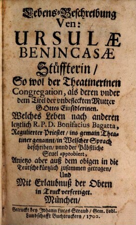 Lebensbeschreibung Ven. Ursulae Benincasae