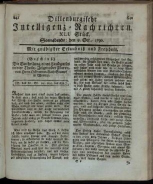 XLI. Stück. Sonnabends: den 9. Oct., 1790.