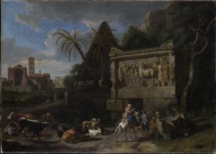 Landschaft mit antiken Ruinen, im Vordergrund eine ruhende Herde